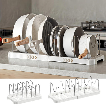 Silanit Expandable Pot and Pan Organizer Rack for Kitchen Cabinet or Under Sink, Adjustable Lid Holder with 7 Dividers, Space-Saving Storage for Renters, Small Homes, and Busy Cooks, White