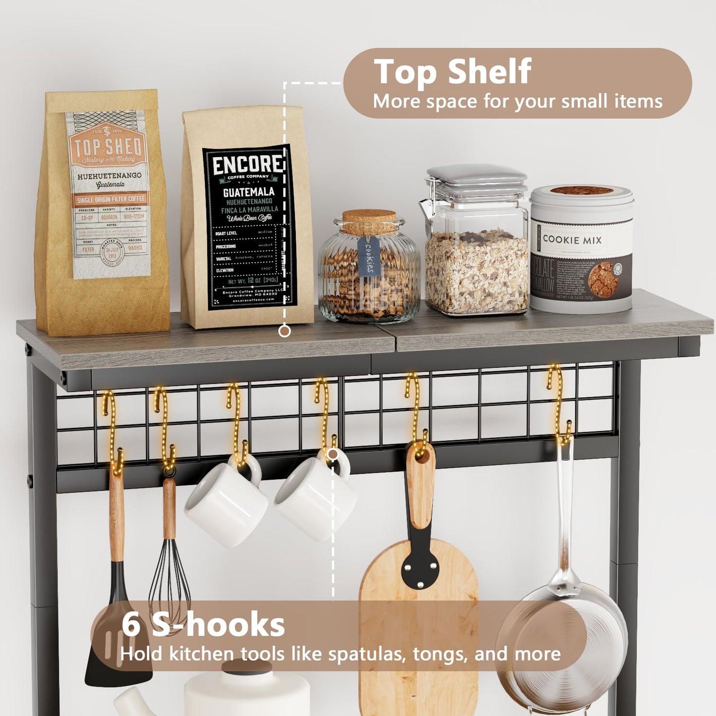 Furologee Kitchen Bakers Rack with Power Outlet, Microwave Oven Stand with Storage 4 Tiers, Coffee Bar Table with 6 S Hooks, Kitchen Storage Shelf Rack for Spices, Pots, Rustic Brown