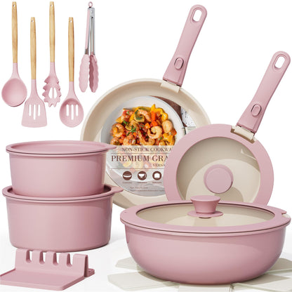 Astercook 21 Pcs Pots and Pans Set Non Stick, Ceramic Cookware Set Detachable Handle, RV Kitchen Cooking Set Removable Handles, Oven Safe, Induction Ready, Stackable, Pink, Mothers Day Gifts