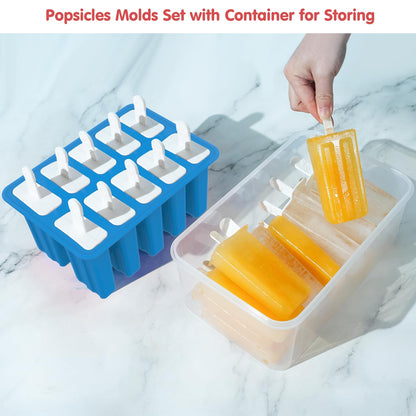 Miaowoof Homemade Popsicle Molds, 10-Cav Non-BPA Silicone Ice Pop Maker, with 50 Sticks, 50 Bags, 10 Reusable Sticks, Funnel, Brush and Ice Pop Recipe (Blue+Bin)