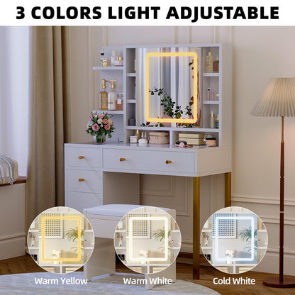 GAOMON 43.7'' White Vanity Desk Table with Lighted Mirror & Power Outlet, 3 Lighting Modes, Brightness Adjustable Vanity Table Makeup Vanity for Bedroom Dressing Room