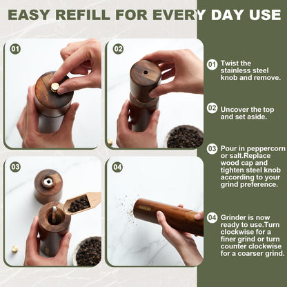 LOYIM Wooden Salt and Pepper Grinder Set 8 Inch Manual Salt and Pepper Mill with Tray Adjustable Coarseness Refillable Wood Grinders with Gold Bottle Label for Kitchen Christmas Home Gift(Wood Color)