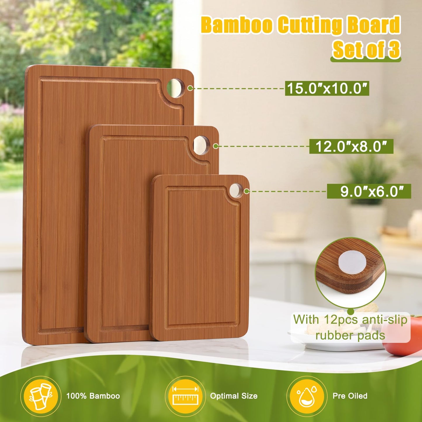 Homaxy Bamboo Cutting Board for Kitchen Set of 3, Wooden Cutting Boards with Non-Slip Mat Deep Juice Groove and Built-In Handles, Wood Chopping Board Set for Meat Fruits & Vegetables