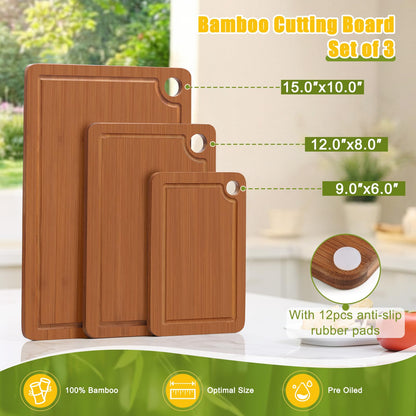 Homaxy Bamboo Cutting Board for Kitchen Set of 3, Wooden Cutting Boards with Non-Slip Mat Deep Juice Groove and Built-In Handles, Wood Chopping Board Set for Meat Fruits & Vegetables