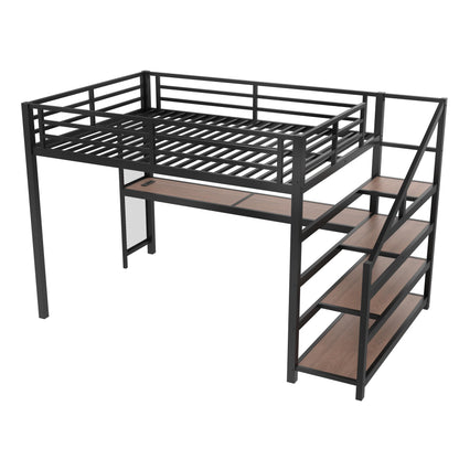 Queen Size Loft Bed with Desk and Storage Stairs, Metal Loft Bed Frame with LED Lights, Charging Station, and Multi-function Iron Nets, Loftbed for Kids, Teens, Adults, Noise-free, Black and Wood