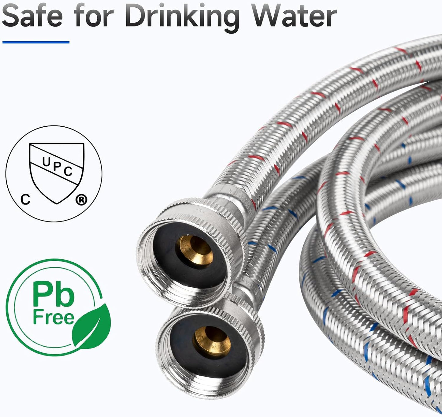 JUWO 4 FT Washing Machine Hoses, 3/4" FHT Stainless Steel Washer Hoses for Short-Distance Water Supply, Red & Blue
