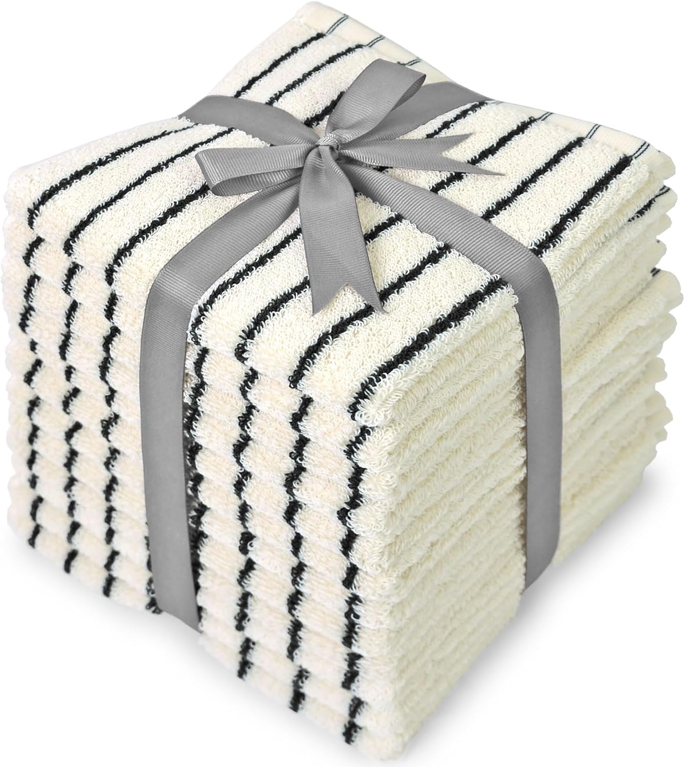 12 Pack, 13 13 Jacquotha Striped Cotton Washcloths x - Soft Wash Cloths for Bathroom, Kitchen, Gym, Face, Black