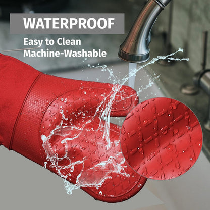 Klex Extra Long Silicone Oven Mitts, 932°F Heat Resistance with Quilted Cotton Liner, 2 Piece Set, 15 inch, Red