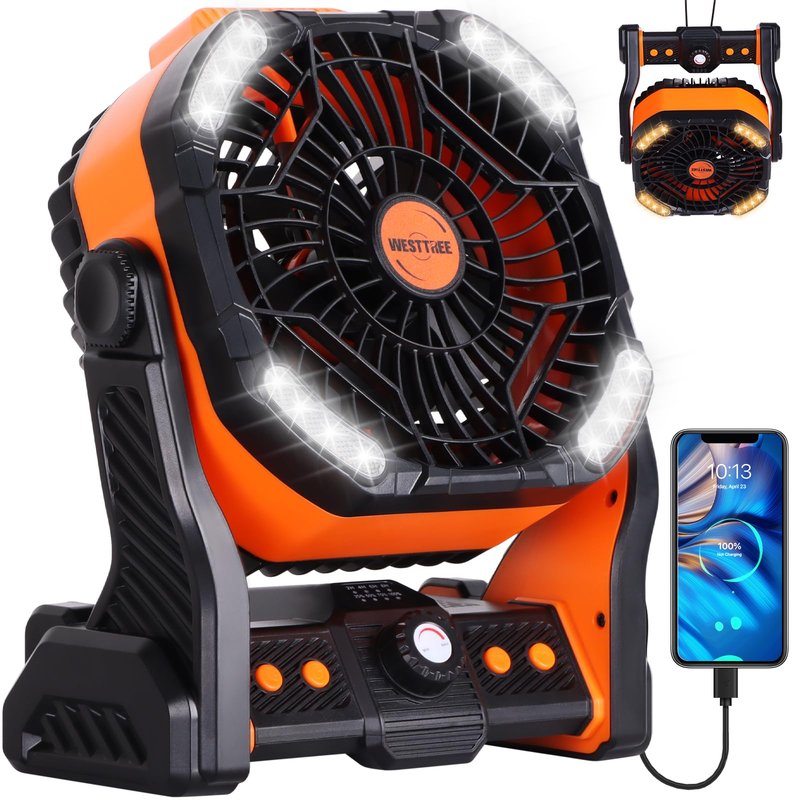 WESTTREE 20000mAh Battery powered fan Camping Fan essentials Portable fan Battery OperatedRechargeable Outdoor Tent with Light & Hook Personal USB Desk for Camping,Orange