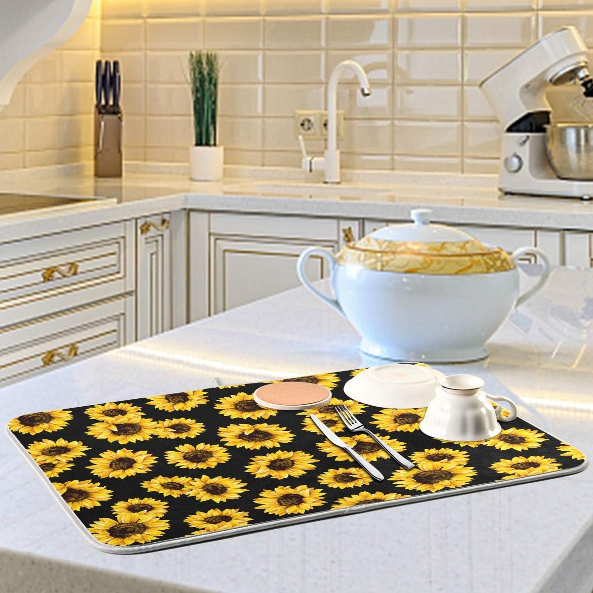 Yellow Sunflower Dish Drying Mat, 18x24 inch Floral Kitchen Counter Protector for Dishes and Bottles