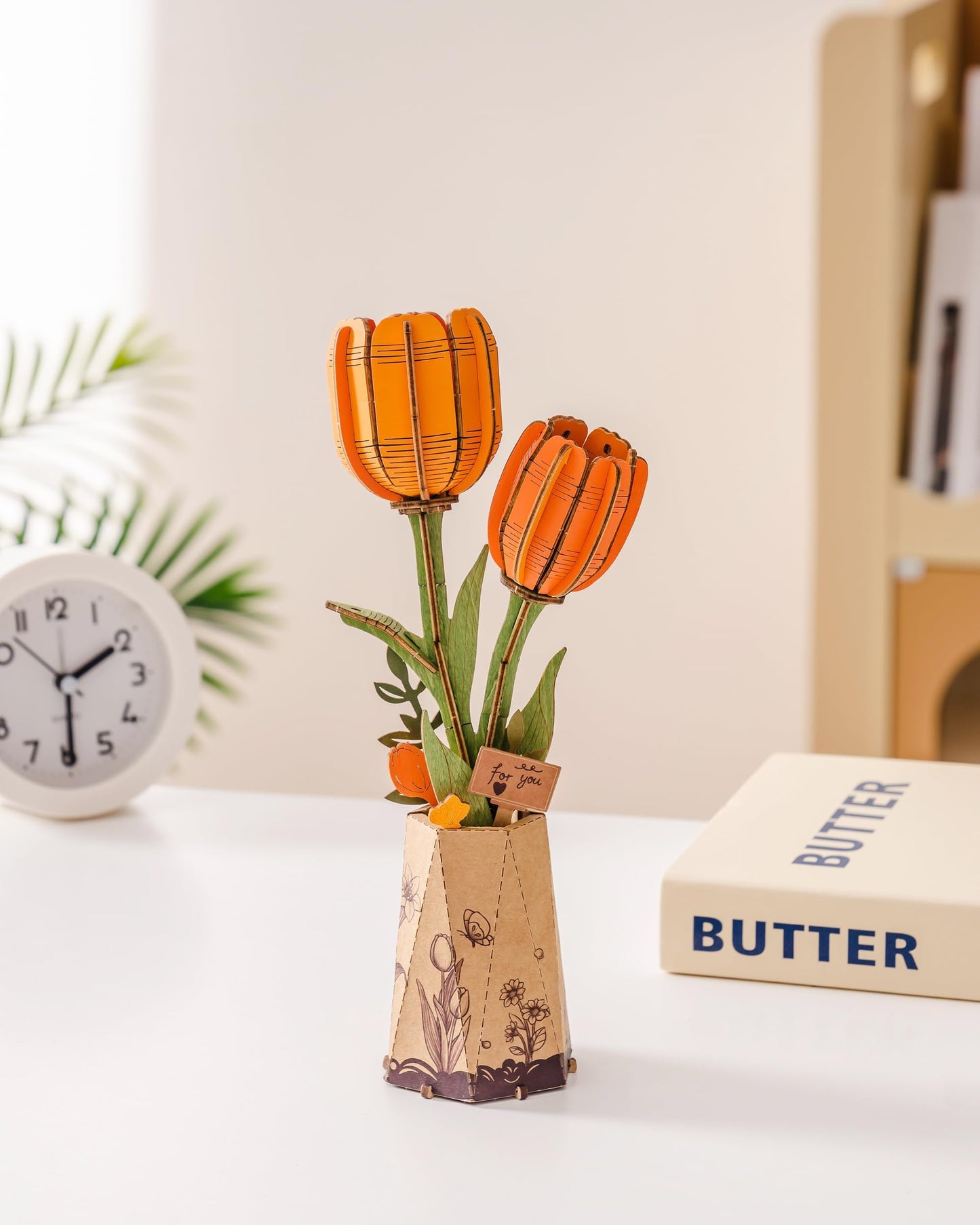 ROBOTIME 3D Puzzle Orange Tulip TW081, DIY Wooden Flower Craft, Artificial Flowers Model Kit to Assemble for Adults, Home Decoration and Valentine's Day Gift Set