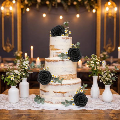 UUXX Black Roses 25 PCS Foam Flowers 3.15" Artificial Roses with Stems, Wrapping Paper, Butterfly Black Foam Fake Roses for Valentines, Anniversary,Mother's Day Birthday Wedding