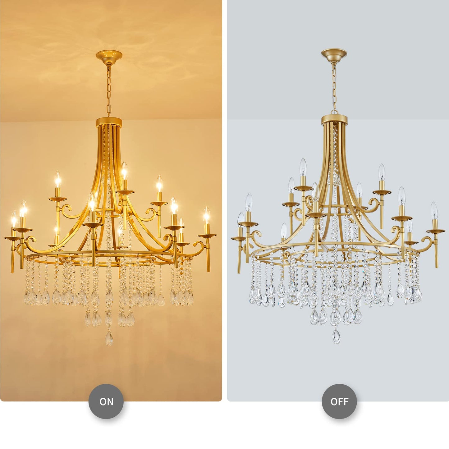 WUZUPS Candle Chandelier 12-Light Wagon Wheel Pendant Ceiling Light Modern Lighting Fixture for Bedroom Hallway Bar Kitchen Dinning Living Room Bathroom, Gold