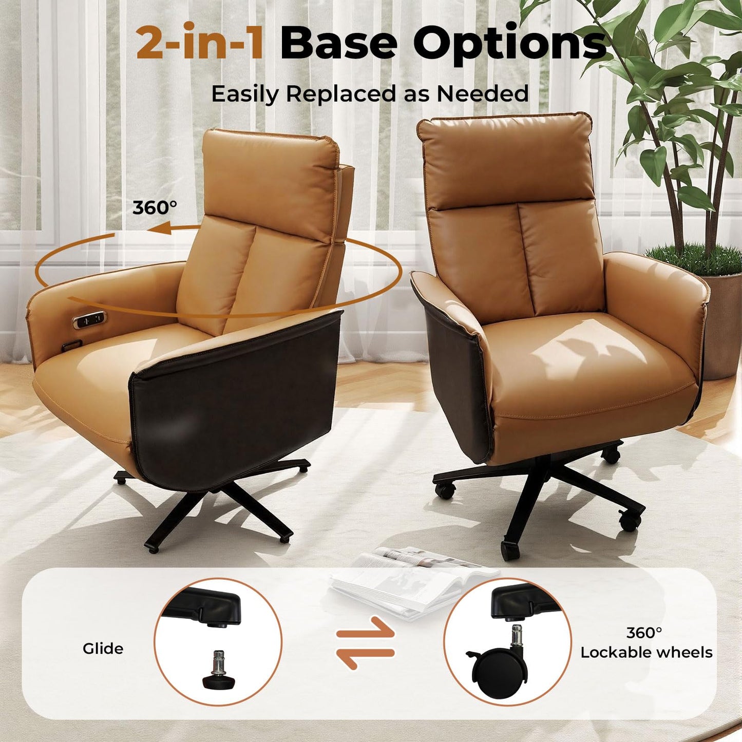 Liftsync Ergonomic Executive Recliner, Adjustable Electric Office Chair 90-155° with Footrest, 4-Position Headrest, 300LBS Heavy Duty, 2-in-1 Base Swivel Desk Chair w/USB, Brown & Black PU Leather