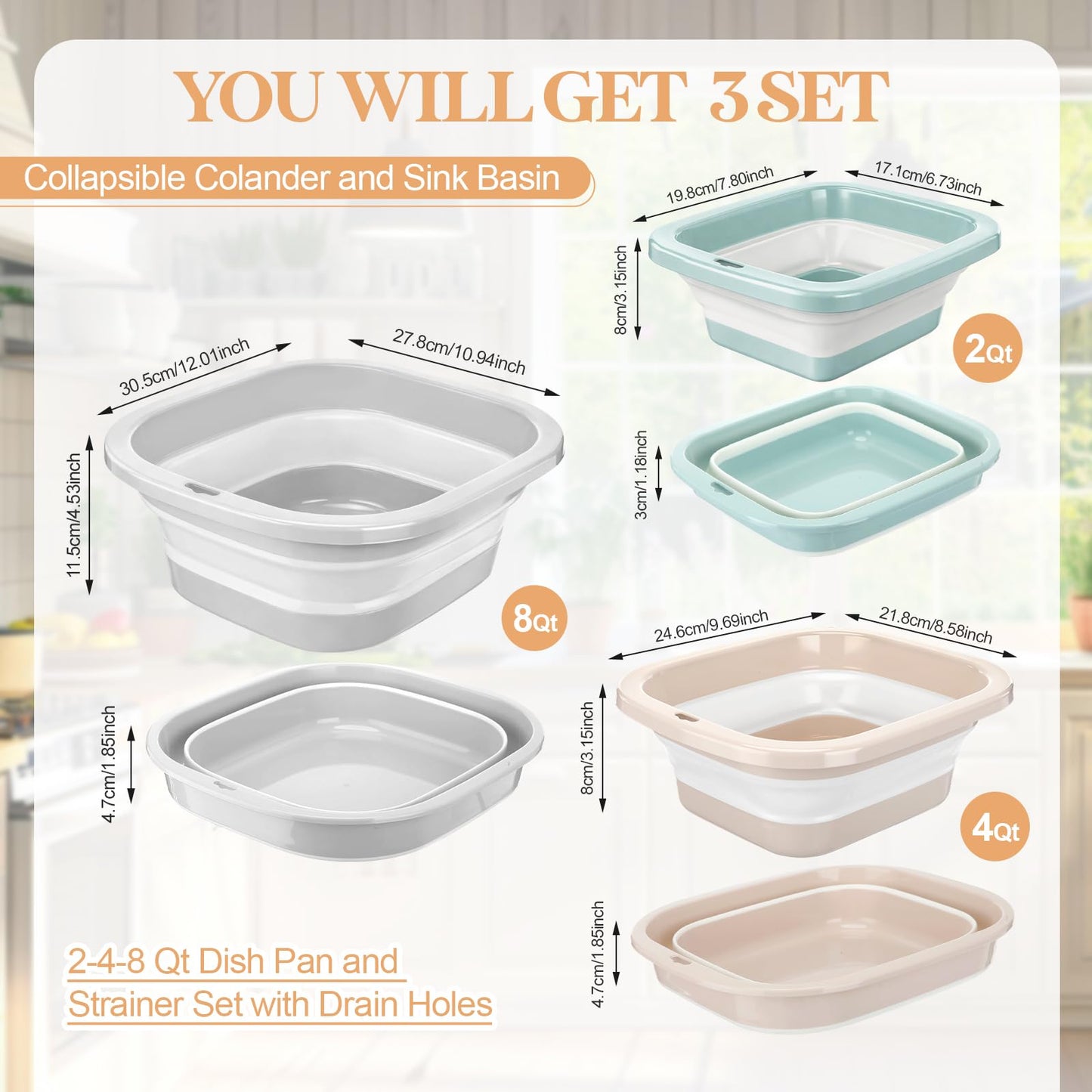 Singhoow 3 Set Collapsible Colander and Sink Basin 2-4-8 Qt Dish Pan and Strainer Set with Drain Holes 2-in-1 Foldable Fruit Vegetable Washing Basket for Kitchen Camping Travel (Green, Pink, Gray)