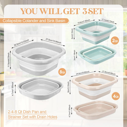 Singhoow 3 Set Collapsible Colander and Sink Basin 2-4-8 Qt Dish Pan and Strainer Set with Drain Holes 2-in-1 Foldable Fruit Vegetable Washing Basket for Kitchen Camping Travel (Green, Pink, Gray)