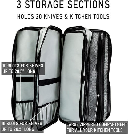 EVERPRIDE Chef Knife Bag Holds 20 Knives with Large Zippered Compartment for Kitchen Tools
