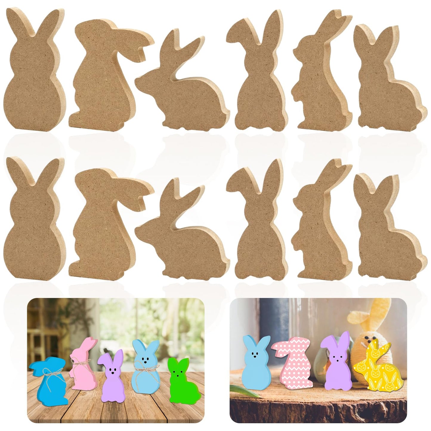 24 Pieces Easter Wooden Bunny Cutouts Unfinished Bunny Table Wooden Signs Peeps Bunny Shaped Blank Wooden Signs Rabbit Shape Tabletop Decor for Easter Spring Home Classroom DIY Art Craft, 6 Designs