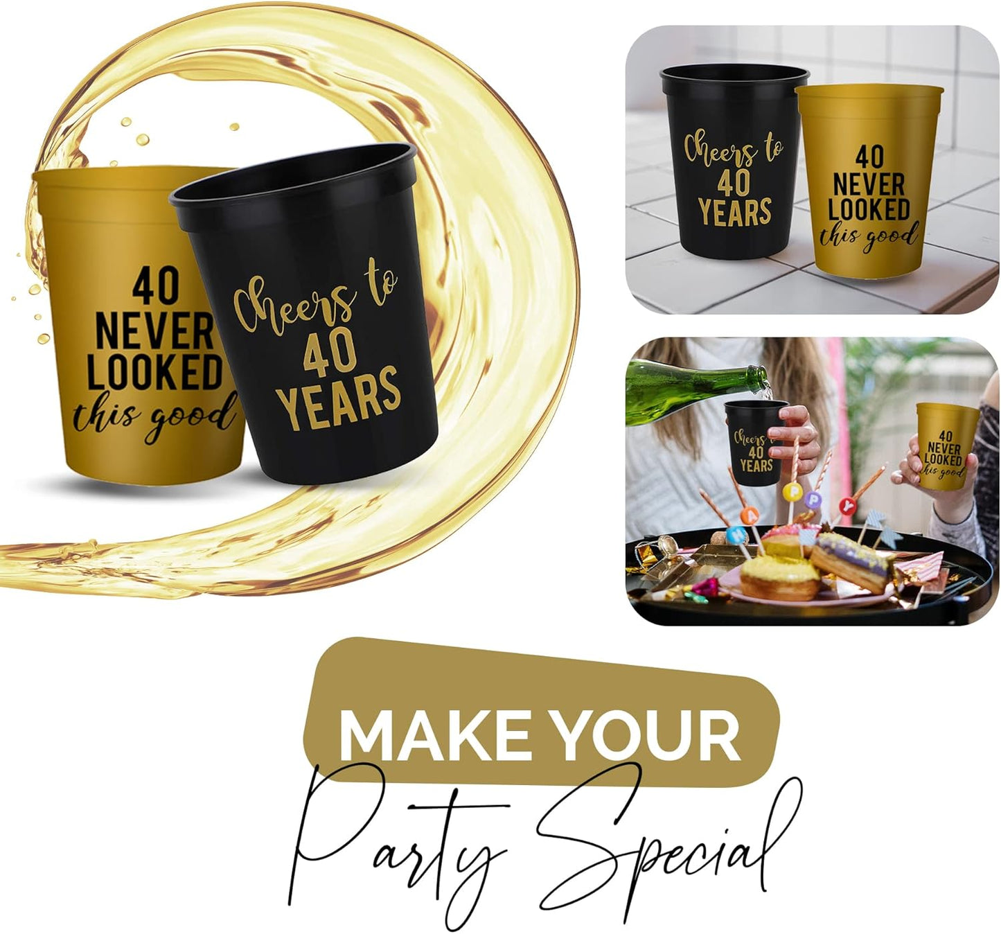 Your Dream Party Shop Cheers to 40 Years Birthday Cups - Set of 12 Black and Gold 40th Birthday Decorations