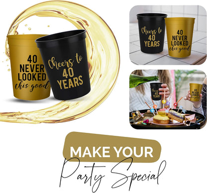 Your Dream Party Shop Cheers to 40 Years Birthday Cups - Set of 12 Black and Gold 40th Birthday Decorations