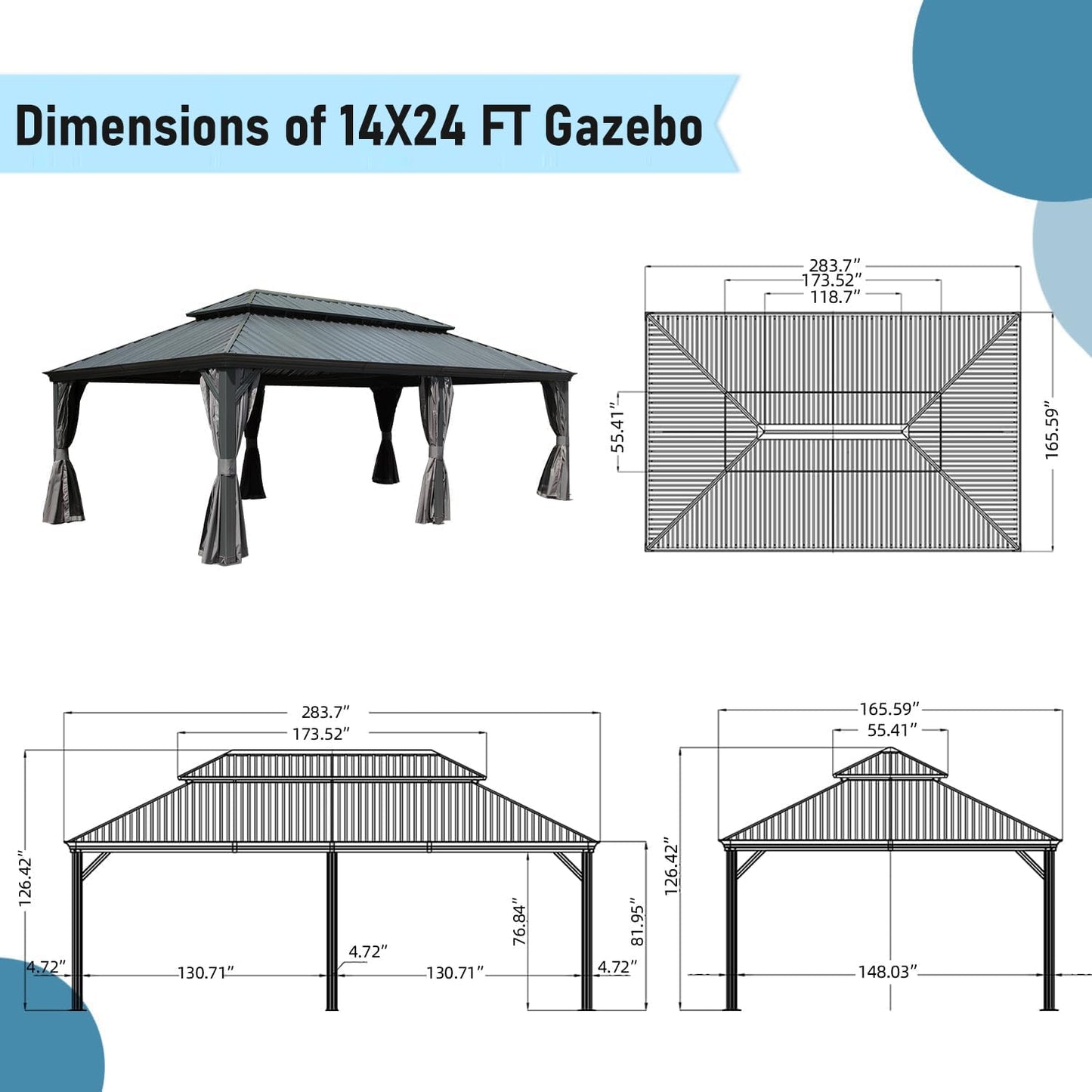 Ginkartu 14x24FT Hardtop Gazebo, Outdoor Gazebo with Galvanized Steel Double Roof, Aluminum Frame, Built-in Gutter System, Curtain and Netting, Metal Gazebo Pavilion for Patio Deck Garden, Grey