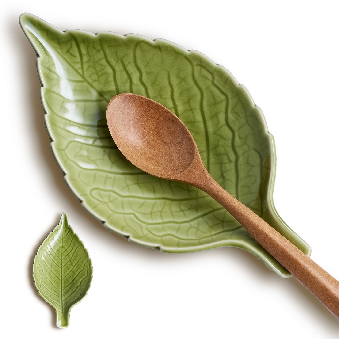 Ceramic Leaf Spoon Rest - Cute Green Cooking Spoon Holder for Stove Top & Kitchen Counter, Heat Resistant Spatula & Utensil Rest, Unique Kitchen Decor Gift, 1 Pack