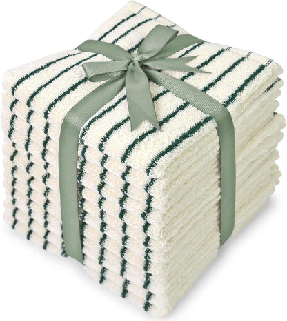 12 Pack, 13 13 Jacquotha Striped Cotton Washcloths x - Soft Wash Cloths for Bathroom, Kitchen, Gym, Face, Green