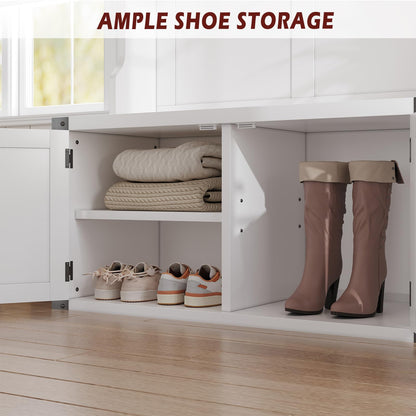 IDEALHOUSE 76" Hall Tree with Bench and Shoe Storage, Farmhouse 4-in-1 Entryway with Coat Rack & 5 Tri-Hooks, Adjustable Shelf, White Mudroom Bench with Storage Seating, Space Saving, White