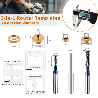 SpeTool 7-in-1 Router Inlay Template Kit,Router Templates for Woodworking, Solid Brass Inlay Bushing Kit Includes 1/8" & 1/4" Cutting Dia with 1/4 Shank Carbide Spiral Upcut Bit with TAC-Coated