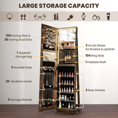 CHARMAID 360° Rotating Jewelry Armoire with LED Lighted Full Length Mirror & Built-in Vanity Mirror, Lockable Standing Jewelry Cabinet with Lights, Large Storage Organizer for Jewelry (Rustic Brown)
