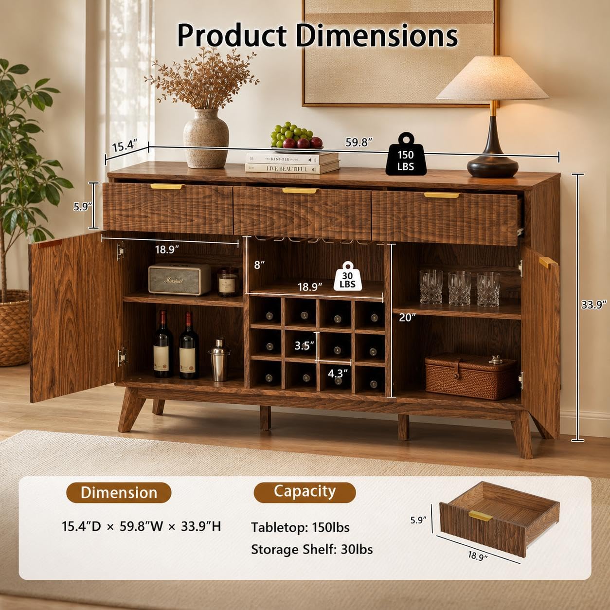 60" Wide Fluted Wine Bar Cabinet with Storage, Modern Buffet Sideboard with 2 Side Cabinets, 3 Drawers, Liquor Rack and Glass Holder, Adjustable Shelves, Alcohol Indoor Bars for Kitchen, Living Room
