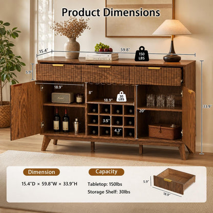 60" Wide Fluted Wine Bar Cabinet with Storage, Modern Buffet Sideboard with 2 Side Cabinets, 3 Drawers, Liquor Rack and Glass Holder, Adjustable Shelves, Alcohol Indoor Bars for Kitchen, Living Room