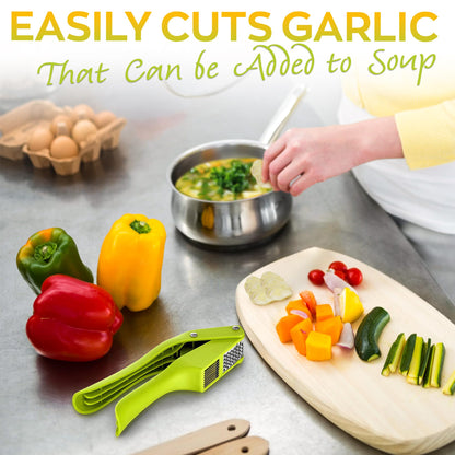 2 in 1 Garlic Slicer and Garlic Press - Multipurpose Garlic Press and Slicer, Stainless Steel and Durable Plastic, 7.6 x 1.7 x 2.5", Easy to Use and Clean, Good for Home and Commercial Use
