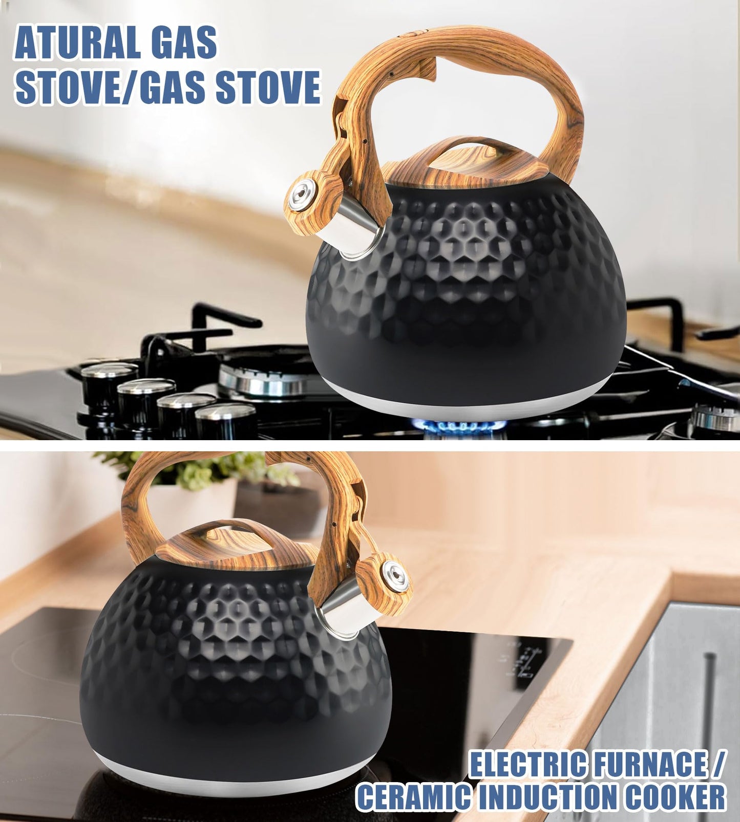 Foedo Tea Kettle Stovetop, 3.2 Qt Stainless Steel Whistling Kettle for Stove Top, Food Grade Teapot with Wood Pattern Handle for Coffee, Milk etc, Gas Electric Applicable (Black)