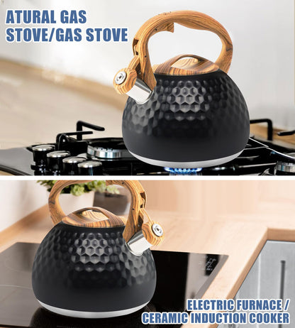 Foedo Tea Kettle Stovetop, 3.2 Qt Stainless Steel Whistling Kettle for Stove Top, Food Grade Teapot with Wood Pattern Handle for Coffee, Milk etc, Gas Electric Applicable (Black)