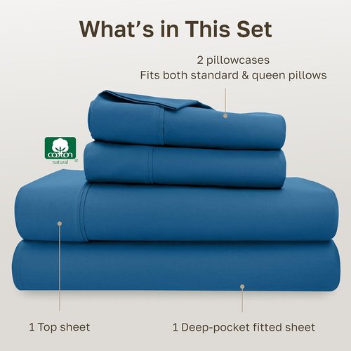California Design Den Queen Cotton Sheet Set - 400 TC Award-Winning Silky Sateen, Deep Pockets, Cobalt Blue