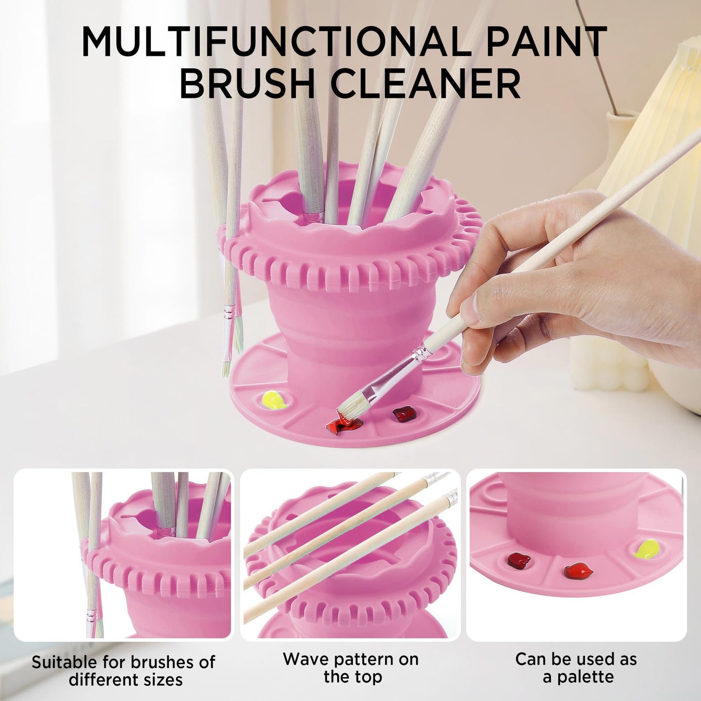 SESENSE Paint Brush Cleaner - Foldable Silicone Paint Brush Cleaner Rinse Cup with Palette and 40 Brush Storage Holder for Classroom Studio Outdoor Painting (1, Pink)