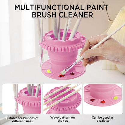 SESENSE Paint Brush Cleaner - Foldable Silicone Paint Brush Cleaner Rinse Cup with Palette and 40 Brush Storage Holder for Classroom Studio Outdoor Painting (1, Pink)