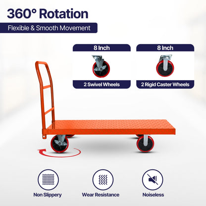 5Seconds Platform Cart Industrial Dolly Cart 3300LB Heavy Duty 60” x 30” Platform Hand Truck Push Cart Super Heavy Duty Diamond Plate Commercial Flatbed Cart 8'' Moving Swivel Wheels (Orange)