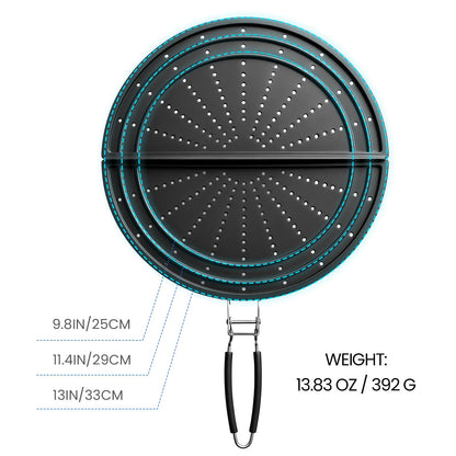 Snowyee Foldable Splatter Screen for Frying Pan, Silicone Grease Splatter Guard Include 3 Different Size 13/11.42/9.84 inch or 33/29 / 25 cm for Kitchen Cooking Pan Cover (1 Piece/Black)