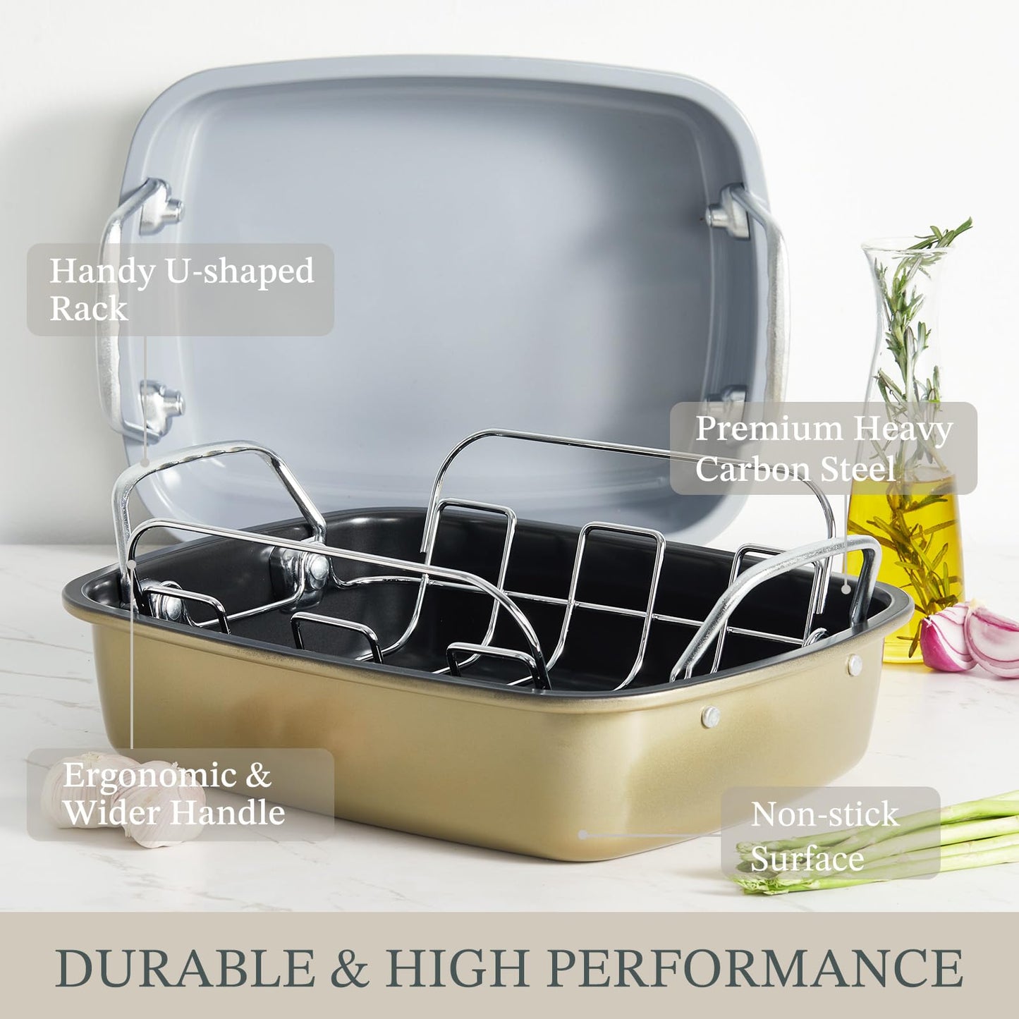 KITESSENSU Large Roasting Pan with Rack - 25 LB Nonstick Turkey Roaster Pan for Oven - Heavy Duty Carbon Steel Roasting Pan with Wider Handles for Chicken, Vegetables & Holiday Meals, Cream