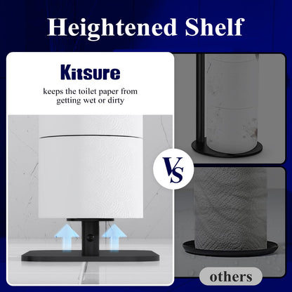 Kitsure Toilet Paper Holder Free Standing – Rustproof Metal Toilet Paper Stand for 4 Rolls with Anti-Slip Base and Shelf for Phone & Small Items, Bathroom Organizers and Storage, Medium, Black