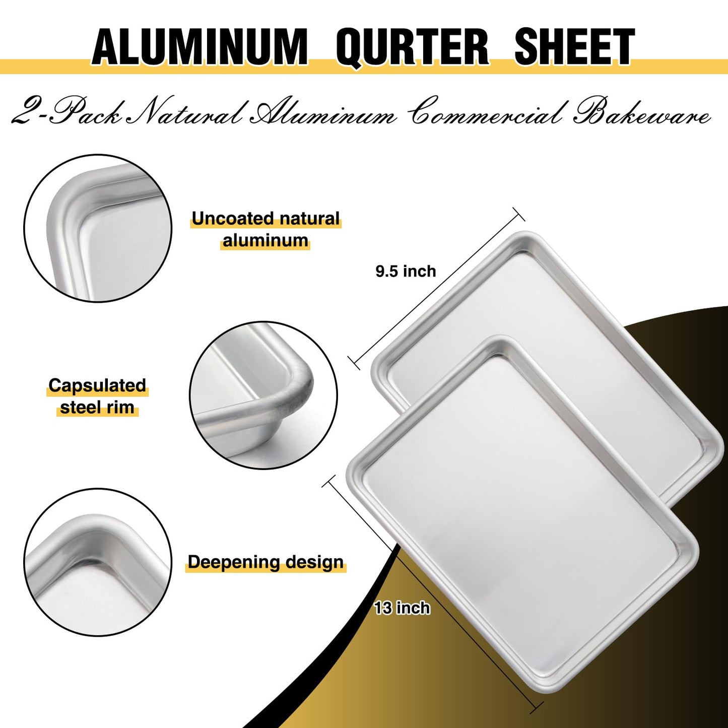 Commercial Quality Baking Sheet Pan Set, Natural Aluminum Cookie Sheet, Umite Chef Encapsulated Galvanized Steel Rim Warp Resistant Baker's Quarter Sheet Pan, Cookie Tray Pans for Baking, Roasting