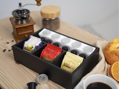 HymoConn Tea Bag Organizer Wood Black, 4 Compartments Tea Bag Holder, Large Capacity Sugar Packet and Coffee Station Organizer, Tea Bags Caddy Drawer Storage Container for Countertop
