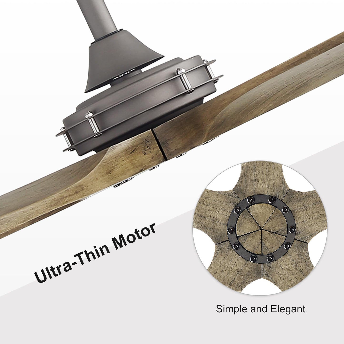 WINGBO 60 Inch Ceiling Fan without Light - 5 Carved Solid Wood Blades, 6-Speed Reversible DC Motor, Noiseless Remote Control Ceiling Fan No Light for Bedroom Living Room Kitchen, Charcoal and Gray