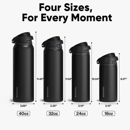 ENCOOL Leakproof Insulated Water Bottle with Straw Dual-Sip Water Bottle Bag-Safe Design for Work, Commute & Gym – Keeps Drinks Cold All Day, 24 oz, Jet Black