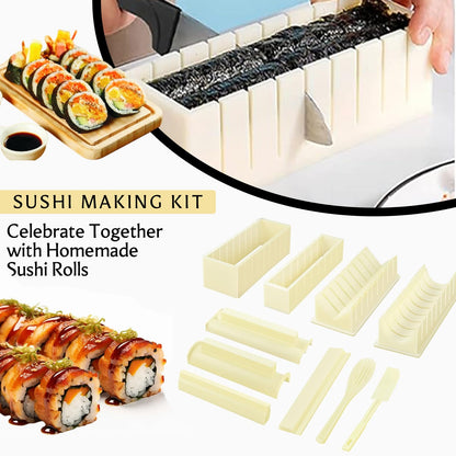 XPAPOV Sushi Making Kit, Sushi Maker 10 Pcs Plastic Sushi Tool Set Sushi Rice Roll Mold Shapes, DIY Sushi Roller Tool for Home (Beige)
