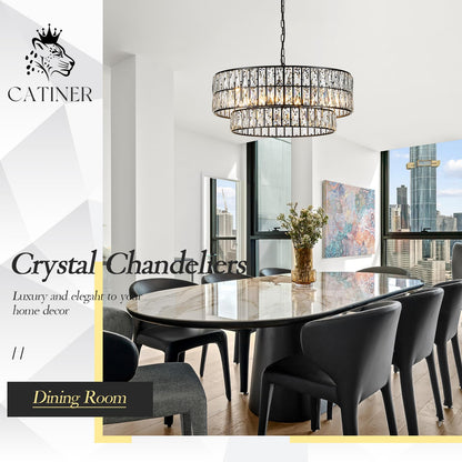 CATINER 24'' Black Crystal Chandeliers Luxury 8-Lights Pendant Chandelier Drum Semi Flush Mount Ceiling Lights for Living Room Dining Room Foyer Bedroom Kitchen