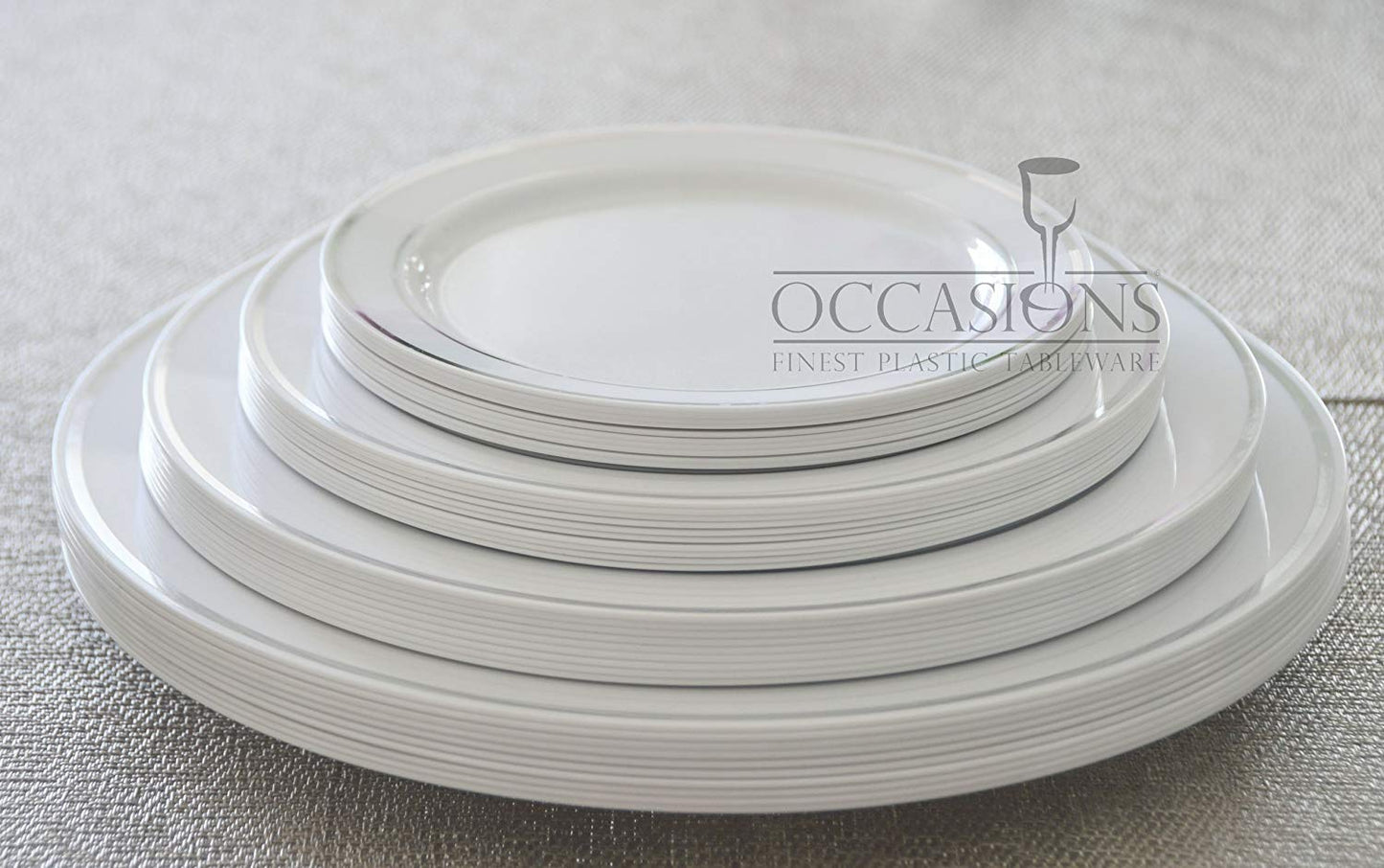 OCCASIONS 40 Piece Disposable Plastic Charger Plates 12 Inch Heavyweight Chargers for Dinner Plates, Wedding, Party, Bulk Table Setting – Premium White & Silver Rim Collection