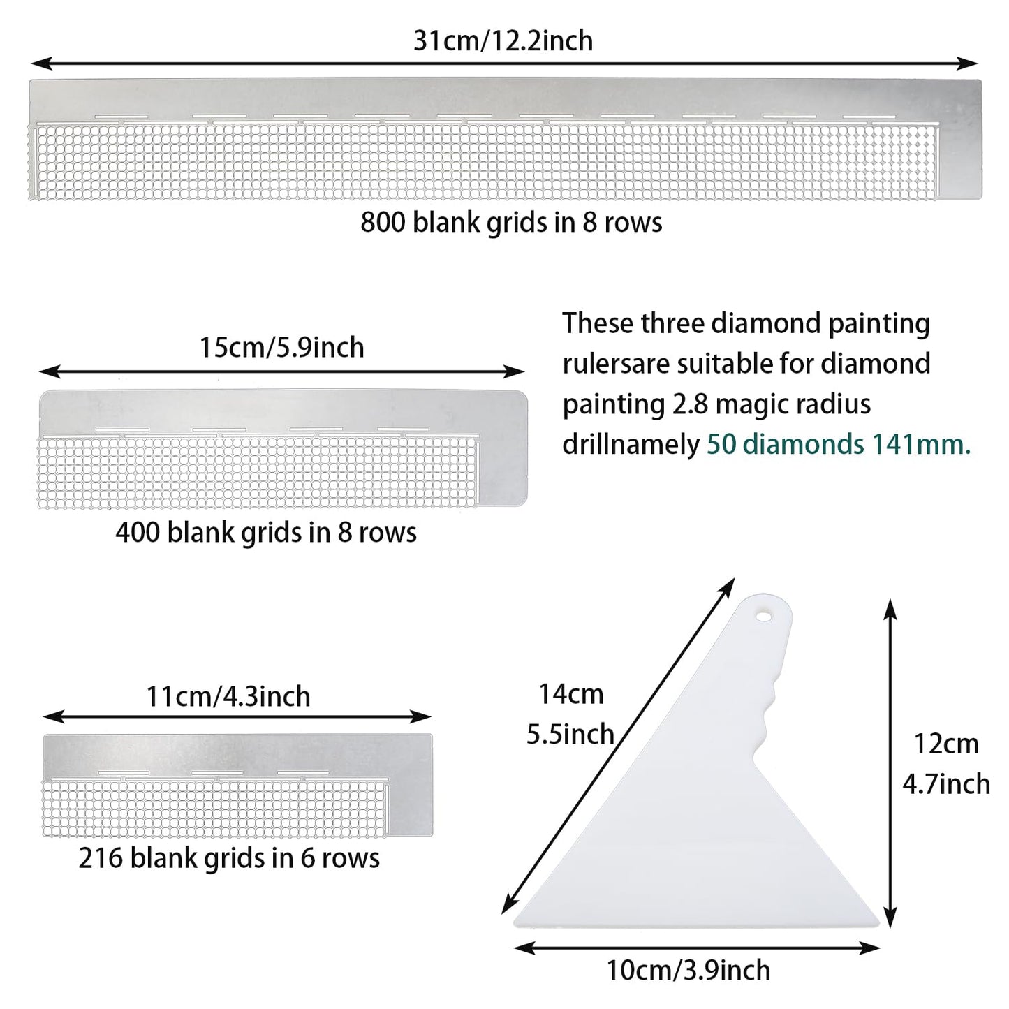 LUORNG 3PCS Diamond Painting Ruler Set, Stainless Steel 5D Diamond Ruler Tools with 216, 400 and 800 Blank Grids, 2PCS Fixing Tools for DIY Painting Kits